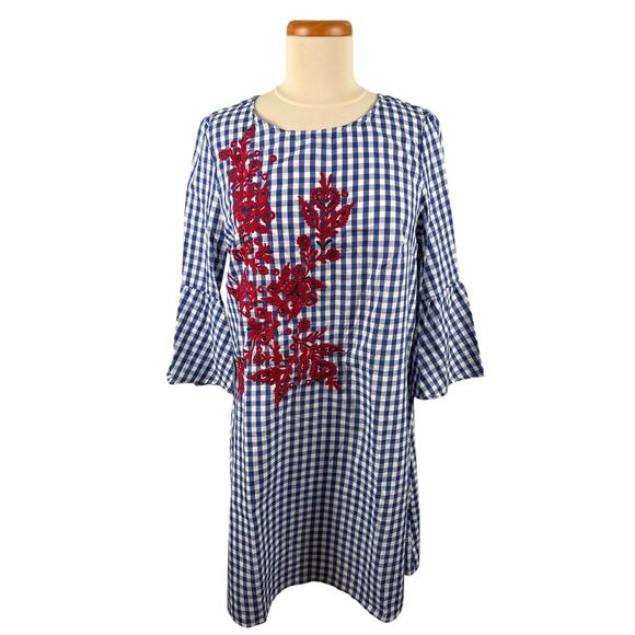 Chelsea & Theodore Dresses & Skirts - Chelsea & Theodore Women Small‎ Checkered Bell Sleeve Floral Embroidered Dress